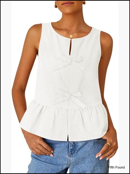 Tops - Sleeveless Peplum Tank Top Tie Front Loose Flowy Ruffle Babydoll Blouse